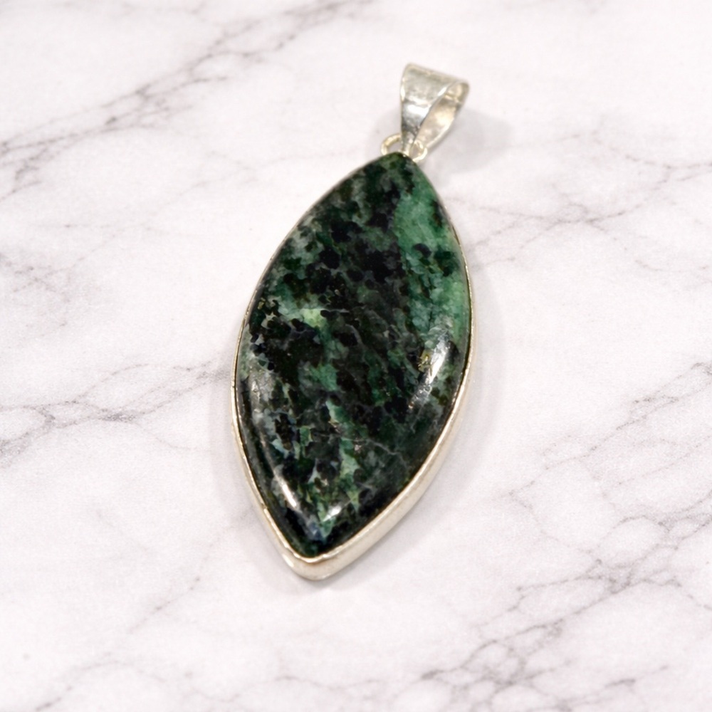 Zoisite Marquise Pendant Green Black Stone Silver Plated